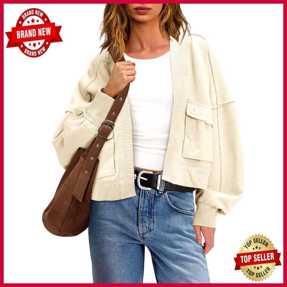 Oversized Cropped Cardigan Open Front Batwing Sleeves Loose Fit Fall